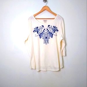 Lucky Brand White Blue Embroidered 3/4 Sleeve Semi-sheer Shirt, size 1X